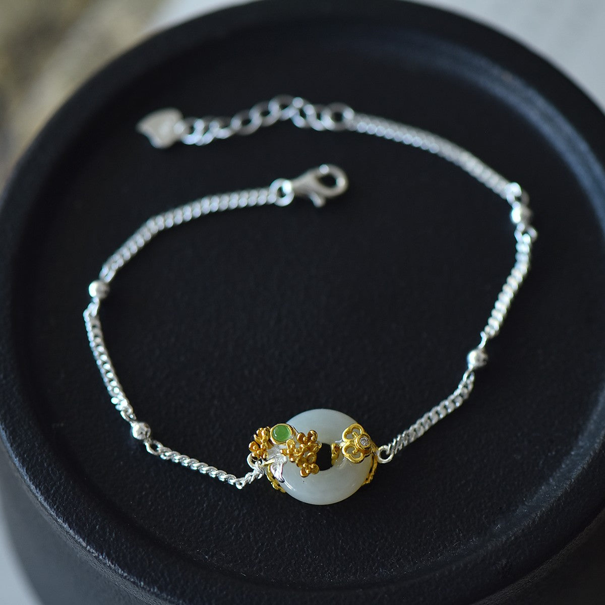 S925 Sterling Silver Nephrite Jade Flower Goddess August Osmanthus Jewelry Set
