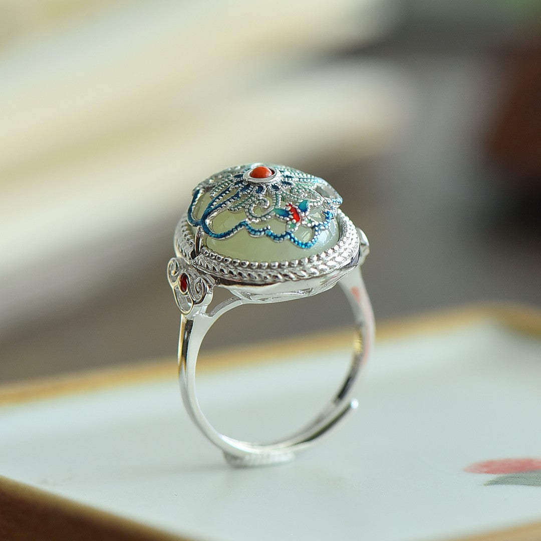 S925 Sterling Silver Enamel Nephrite Jade Prosperity Ring - Classical Style