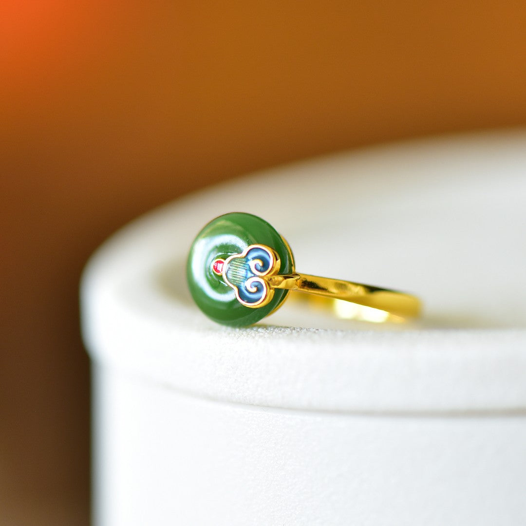 S925 Sterling Silver Nephrite Green Jade Peace & Luck Buckle Ring