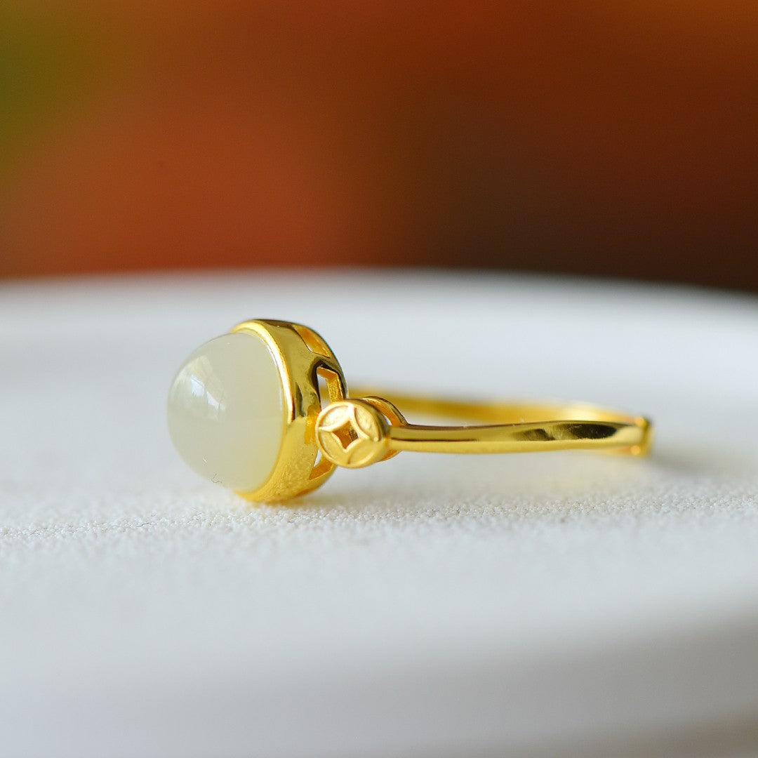 S925 Sterling Silver Nephrite Jade Prosperity Ring - Success Motif