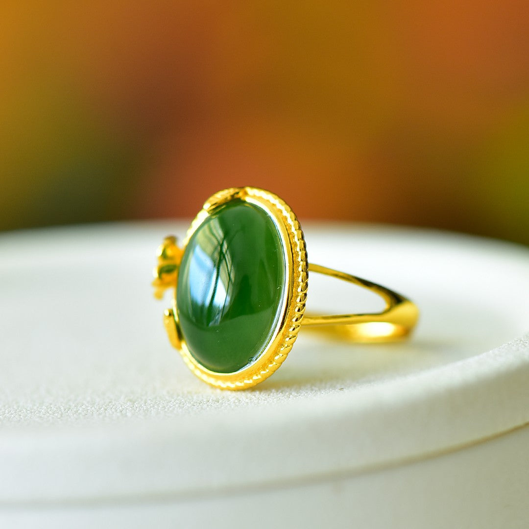 S925 Silver Nephrite Green Jade Prosperity Ring - Success Motif
