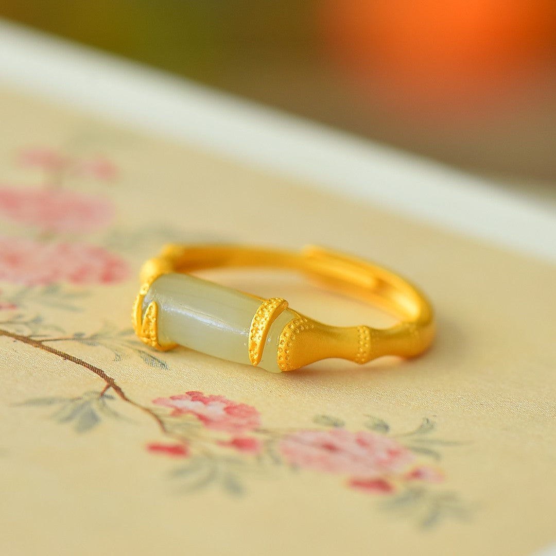 S925 Sterling Silver Nephrite Jade Bamboo Joint Ring