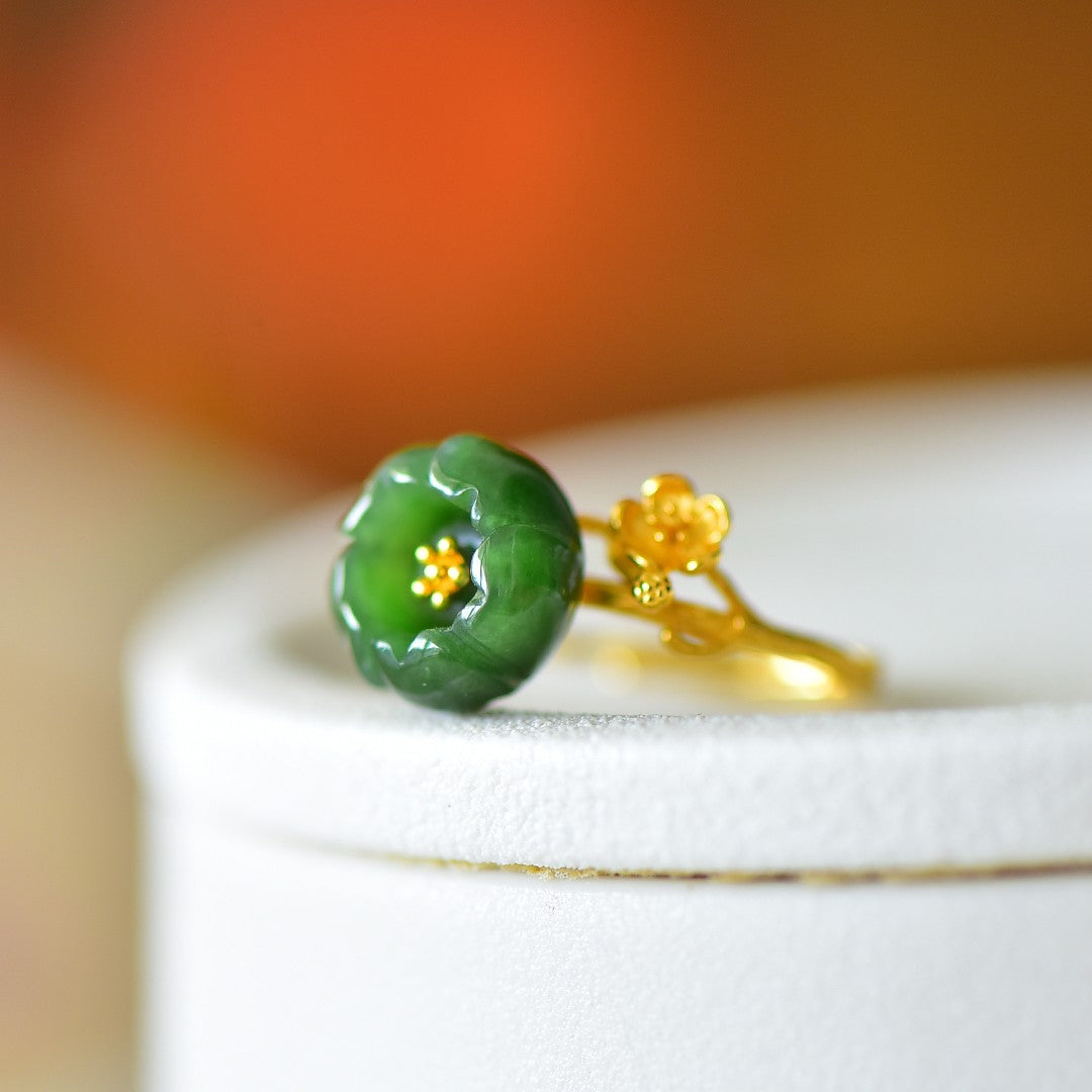 S925 Silver Nephrite Green Jade Lotus Flower Ring - Pure Silver Style