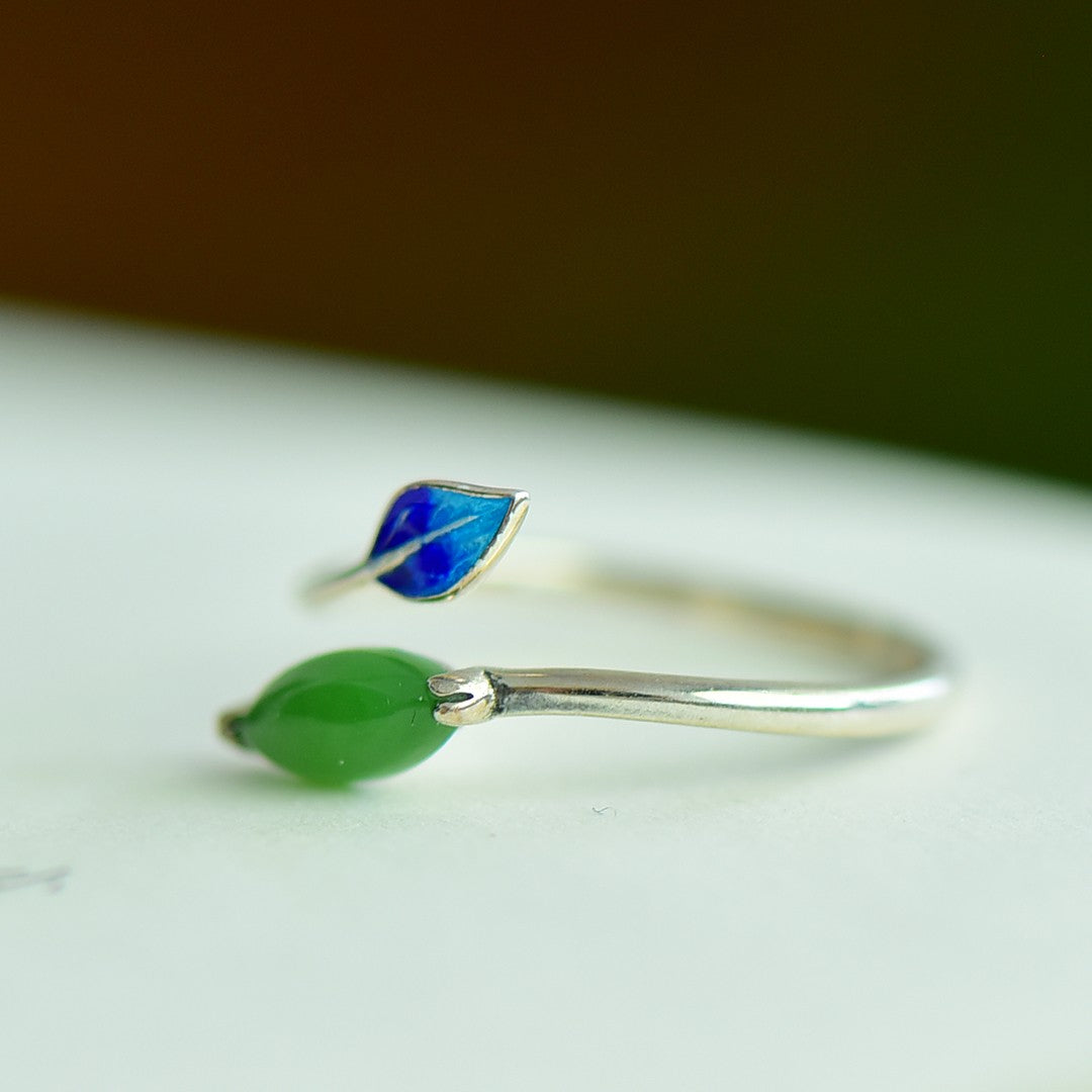 S925 Sterling Silver Enamel Nephrite Green Jade Marquise Ring