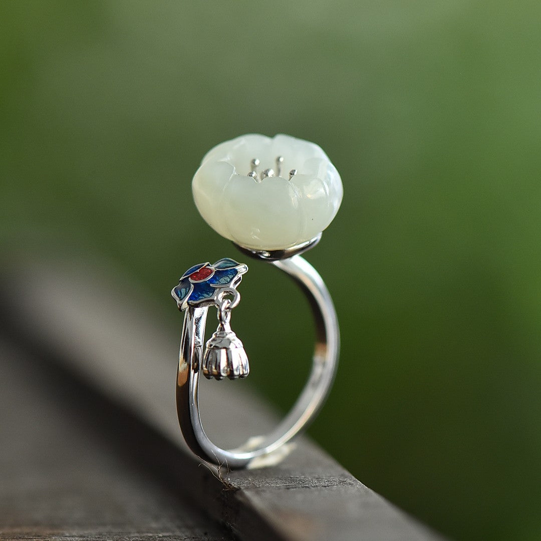 S925 Silver Nephrite Jade Lotus Ring - Elegant Artisan Style