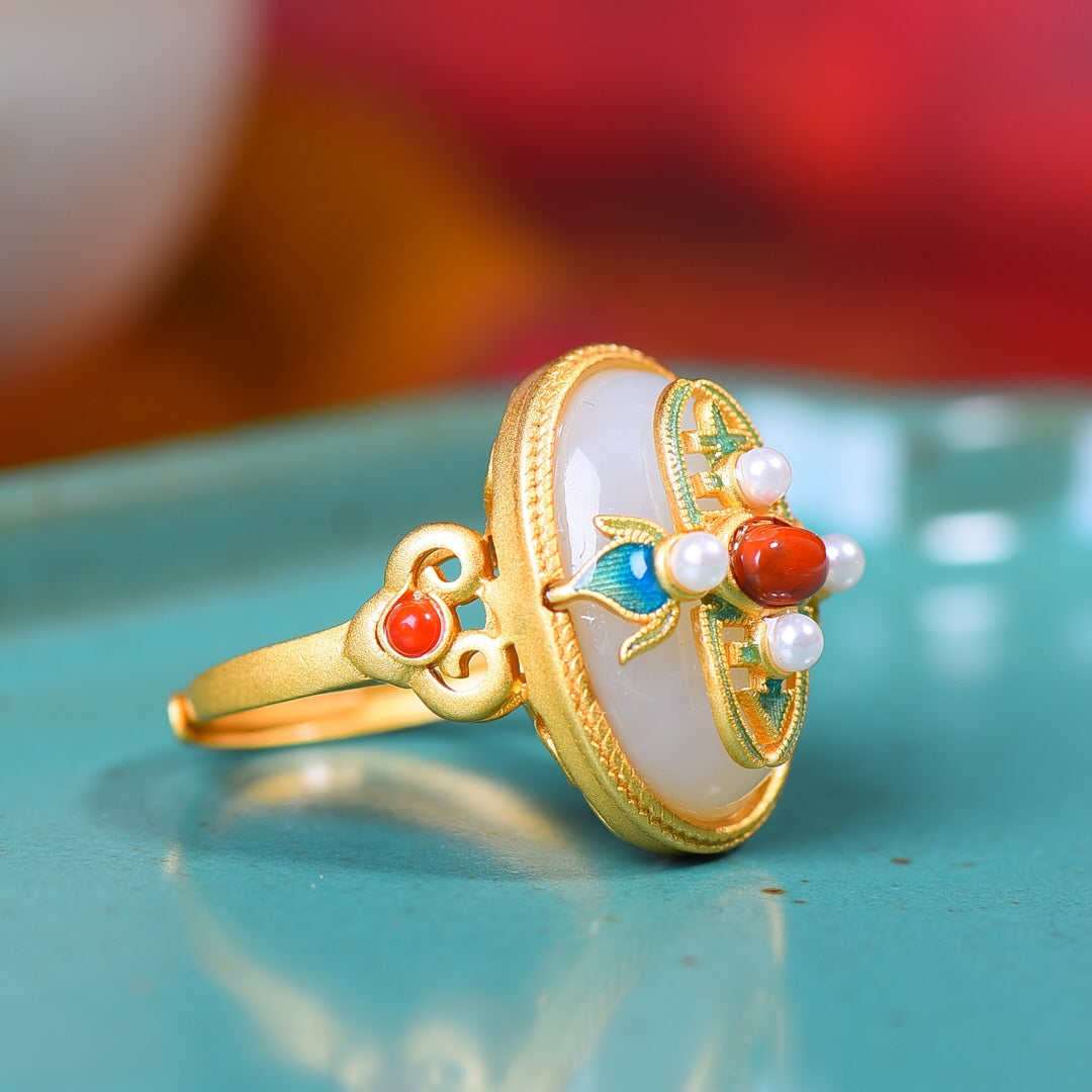 S925 Sterling Silver Enamel Nephrite Jade Cabochon Ring - Elegant Style