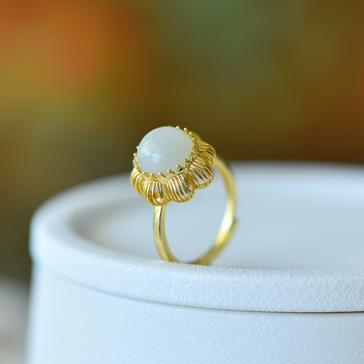 S925 Silver Nephrite Jade Hollow-out Round Drum Ring - Artisan Design
