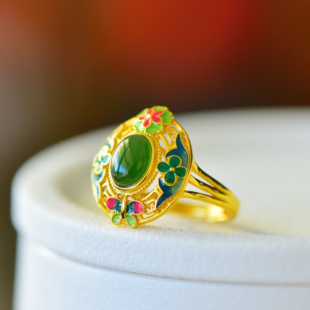 S925 Sterling Silver Enamel Nephrite Green Jade Butterfly & Flower Ring