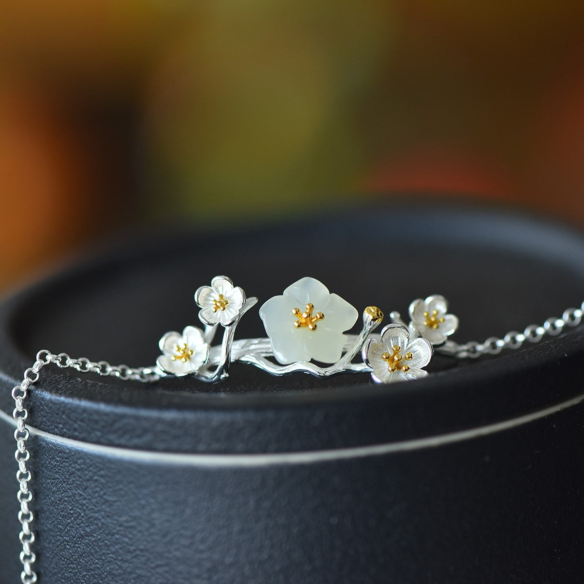 S925 Sterling Silver Nephrite Jade Bangle - Peony Flower Fine Jewelry