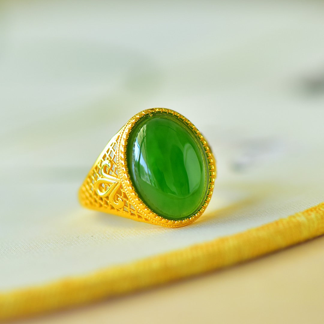 S925 Sterling Silver Nephrite Green Jade Love at First Sight Ring