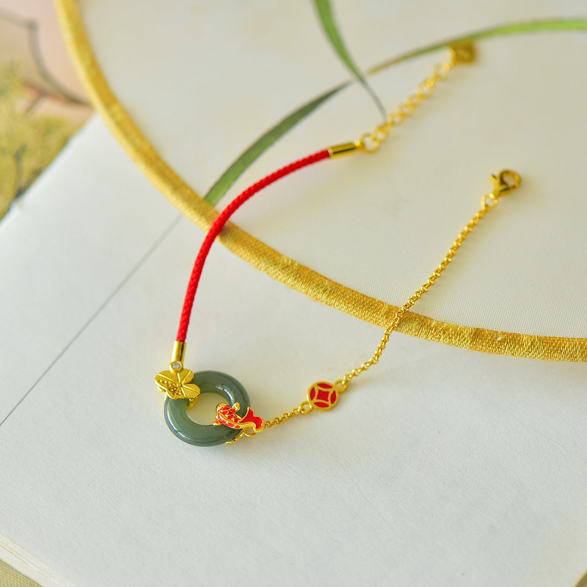 S925 Sterling Silver Enamel Nephrite Jade Bangle - Success Fish Motif