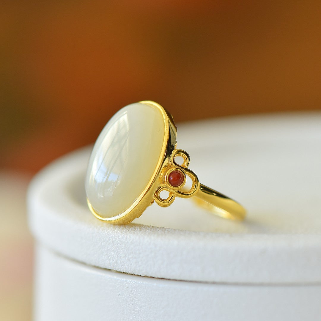 S925 Silver Nephrite Jade Ruyi Cabochon Ring - Elegant Style