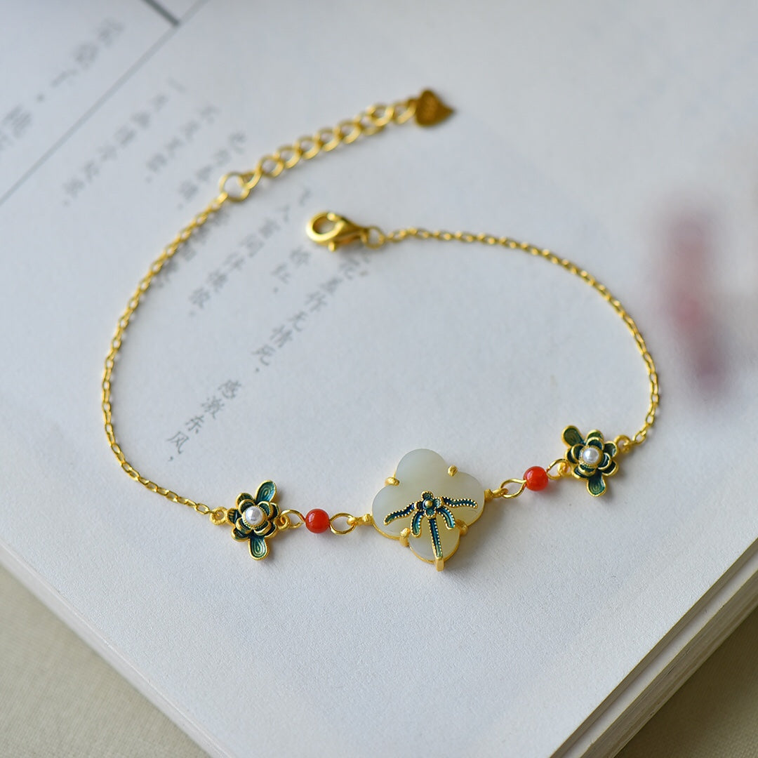 S925 Silver Nephrite Jade Orchid Clover Jewelry Set - Luck Collection