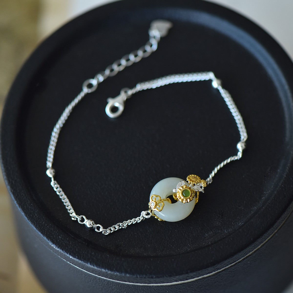 S925 Sterling Silver Nephrite Jade Flower Goddess July Hollyhock Jewelry Set