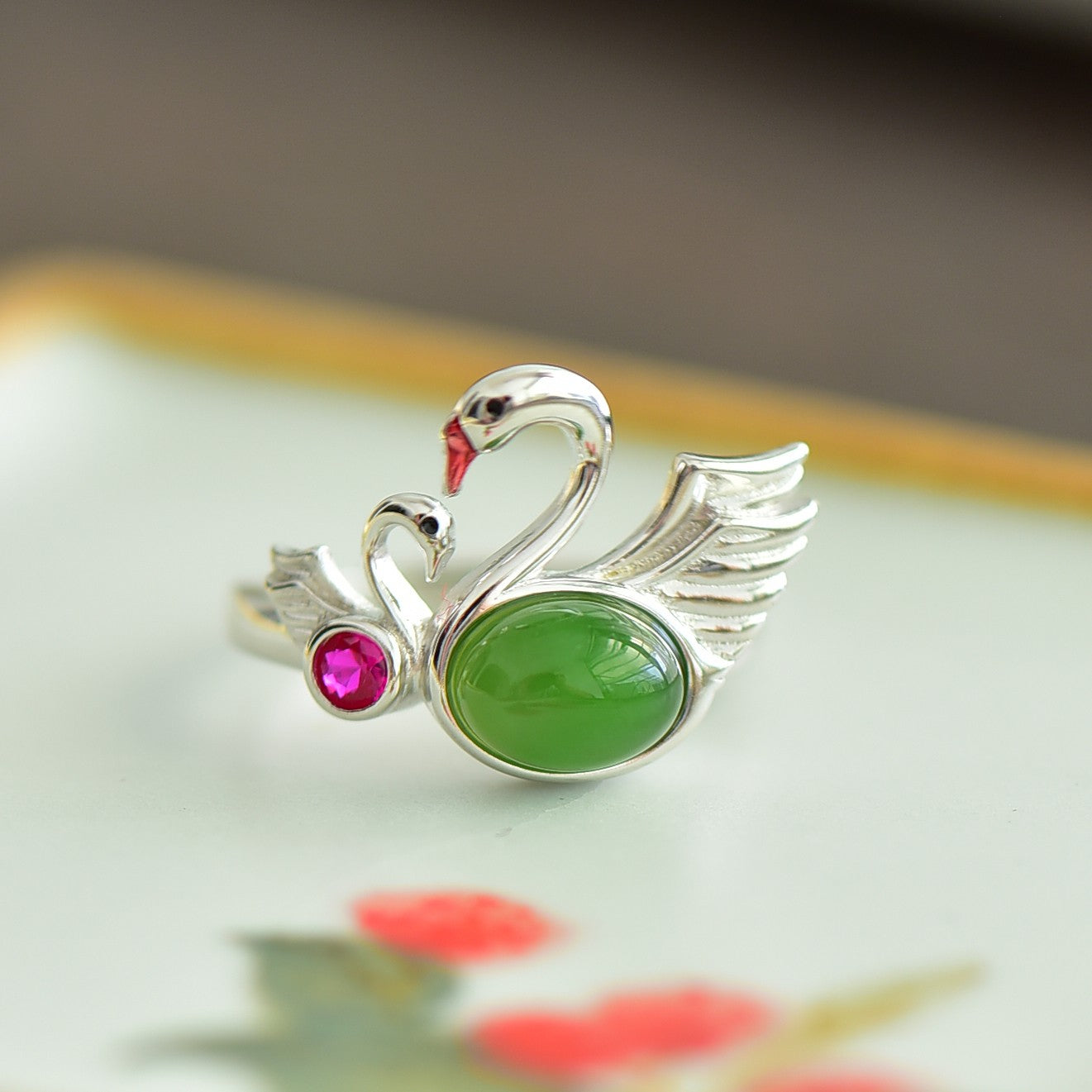 S925 Silver Nephrite Green Jade Swan Ring - Delicate Design