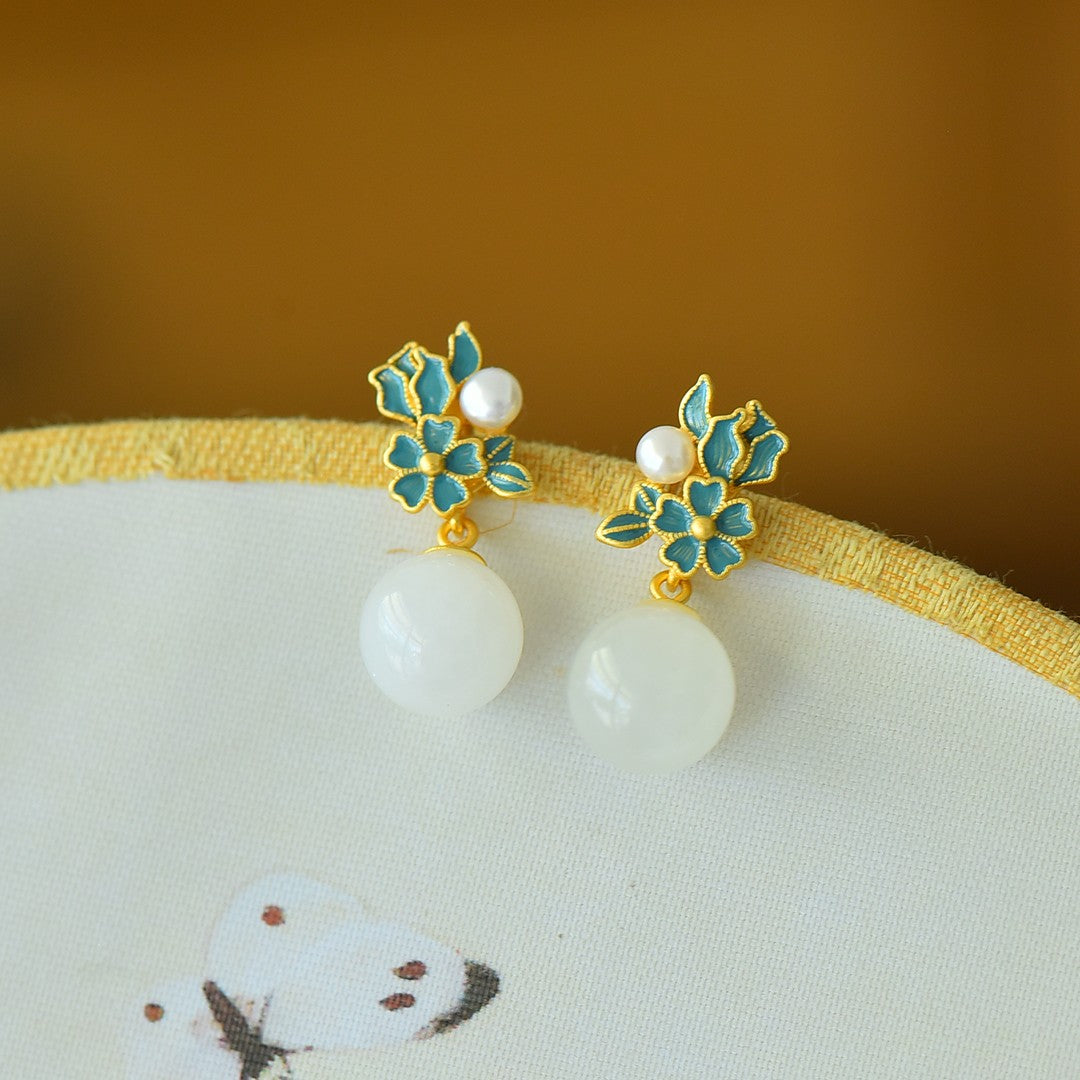 S925 Sterling Silver Nephrite Jade Summer Flower Jewelry Set
