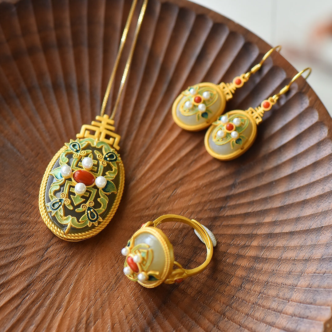 S925 Silver Ancient Method Enamel Nephrite Jade Jewelry Set
