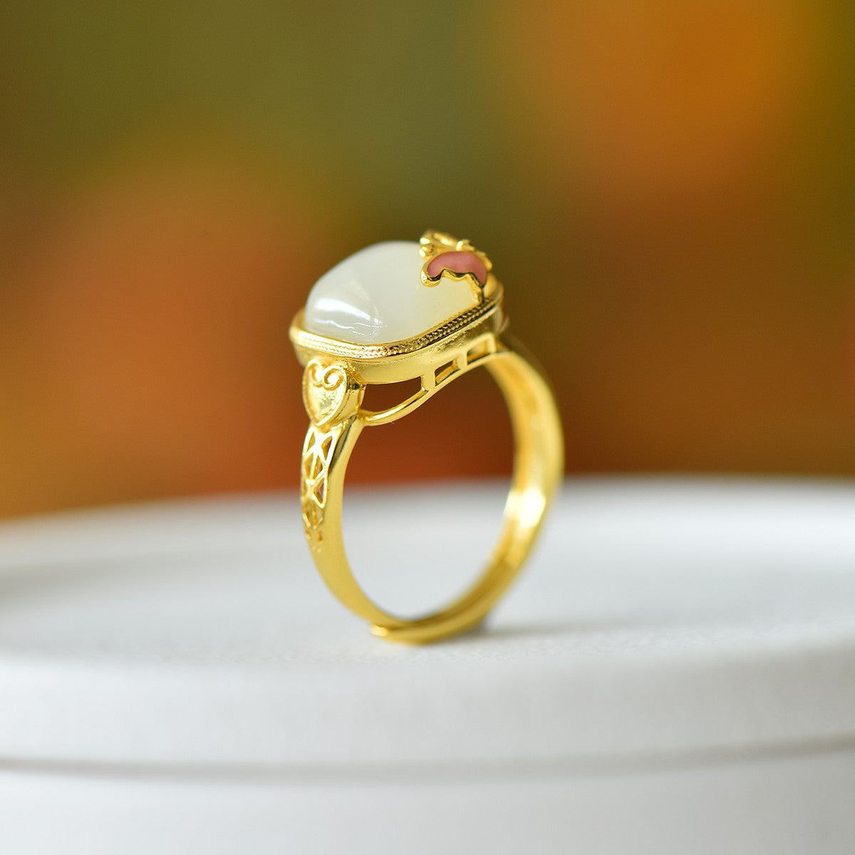 S925 Sterling Silver Enamel Nephrite Jade Butterfly Square Drum Ring