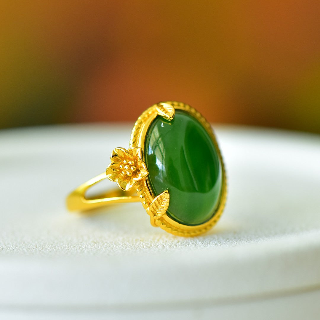 S925 Silver Nephrite Green Jade Prosperity Ring - Success Motif