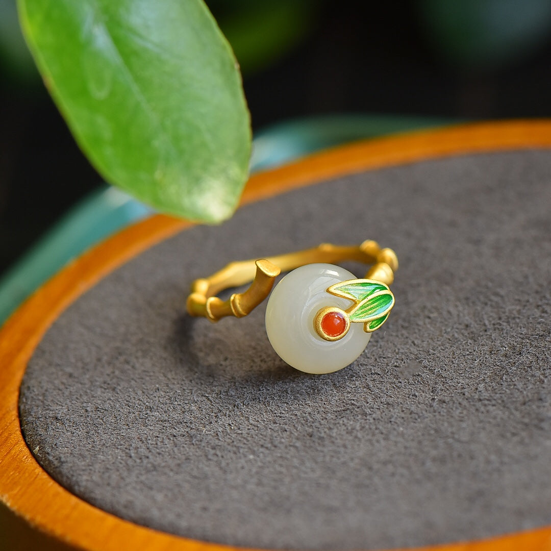 S925 Sterling Silver Nephrite Jade Bamboo Charm Jewelry Set
