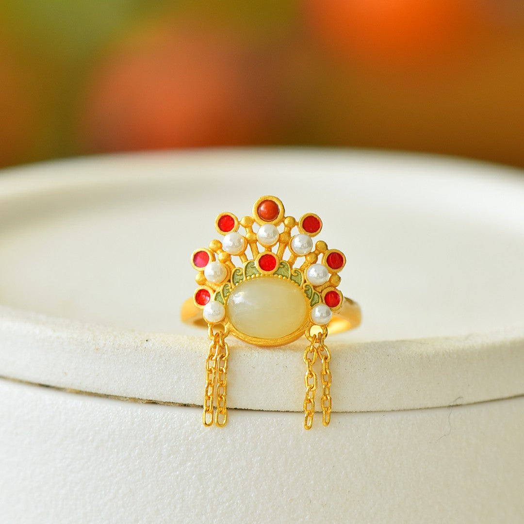 S925 Sterling Silver Nephrite Jade Phoenix Crown Ring - Elegant Style