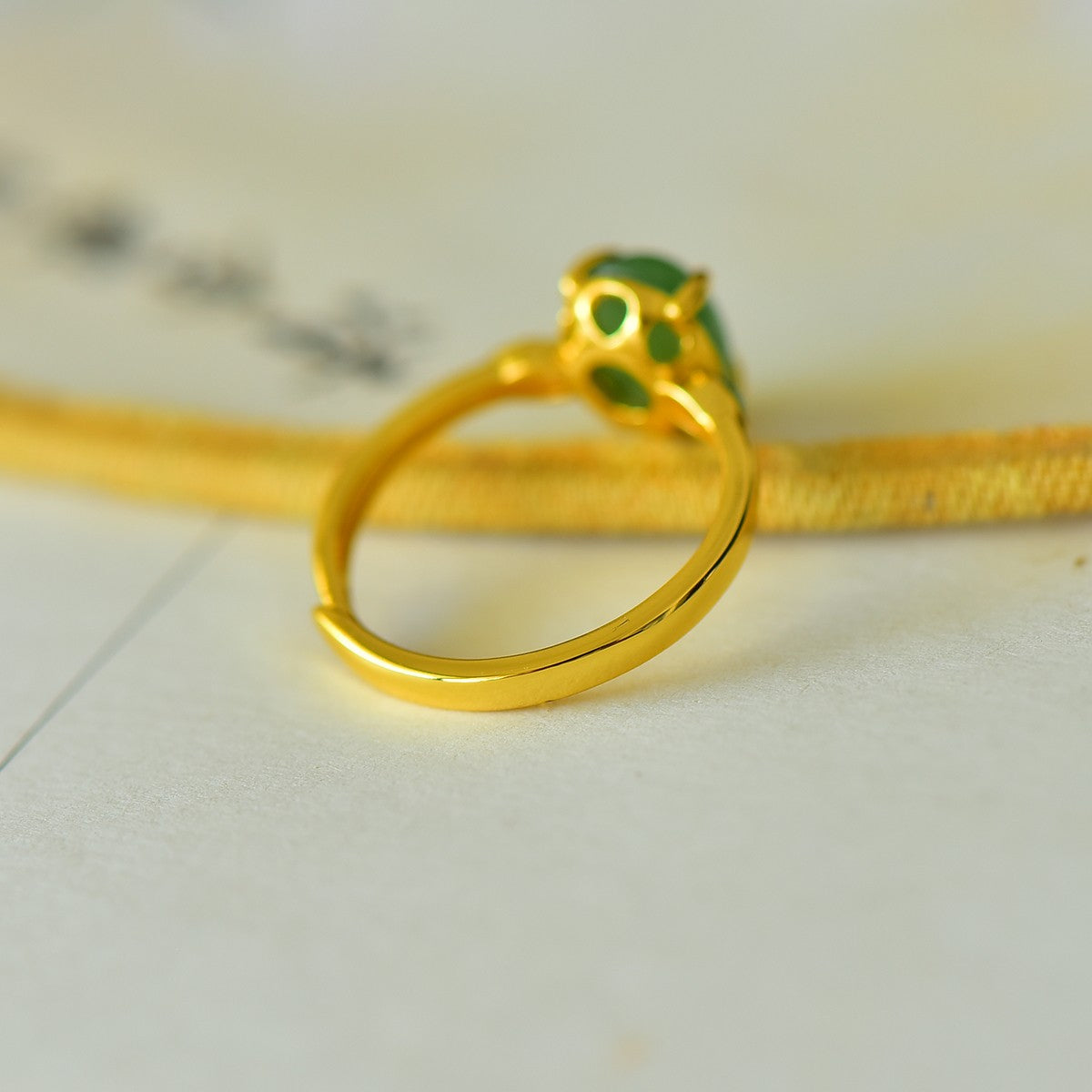 S925 Silver Enamel Nephrite Green Jade Noble Leaf Ring - Elegant Style