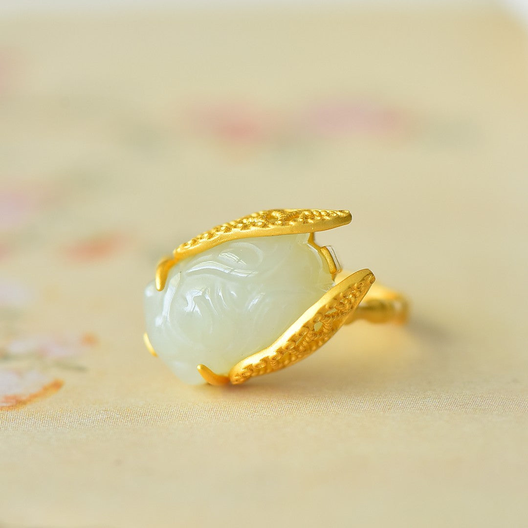 S925 Sterling Silver Nephrite Jade Cicada of Success Ring