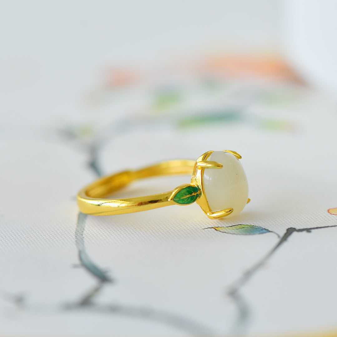 S925 Silver Enamel Nephrite Jade Noble Leaf Ring - Elegant Blossom