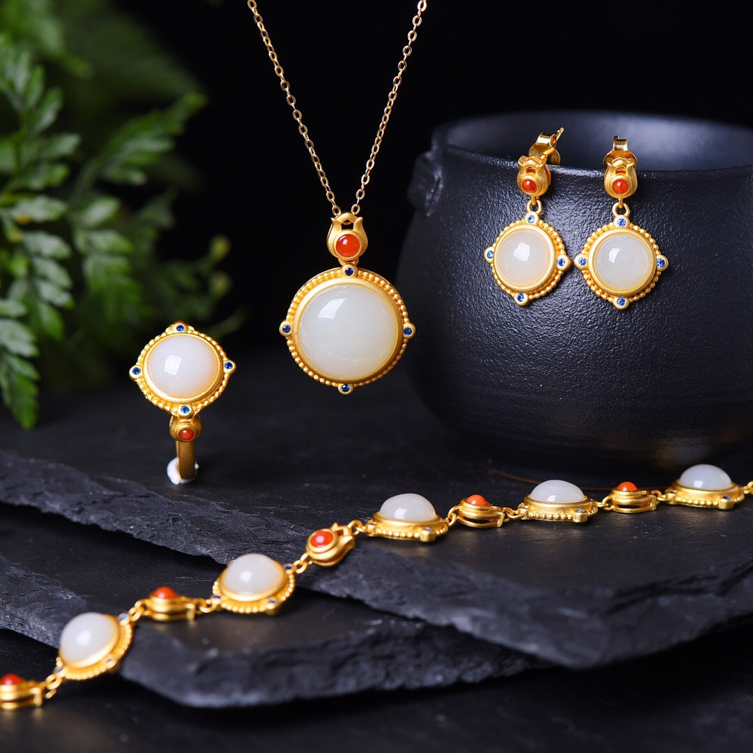 S925 Silver Nephrite Jade Frosted Gold Jewelry Set - Luxury Collection