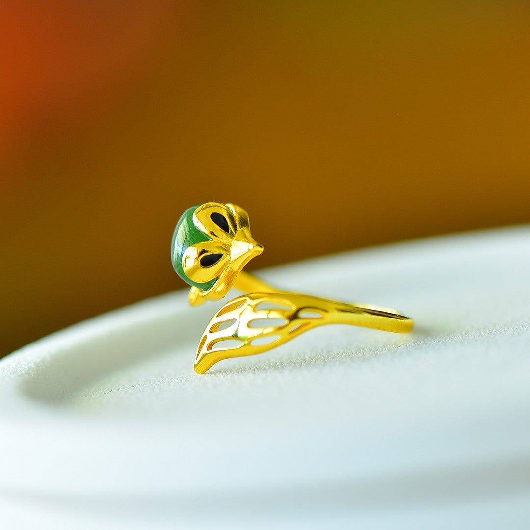 S925 Sterling Silver Nephrite Green Jade Fox Ring - Unique Luck Jewelry