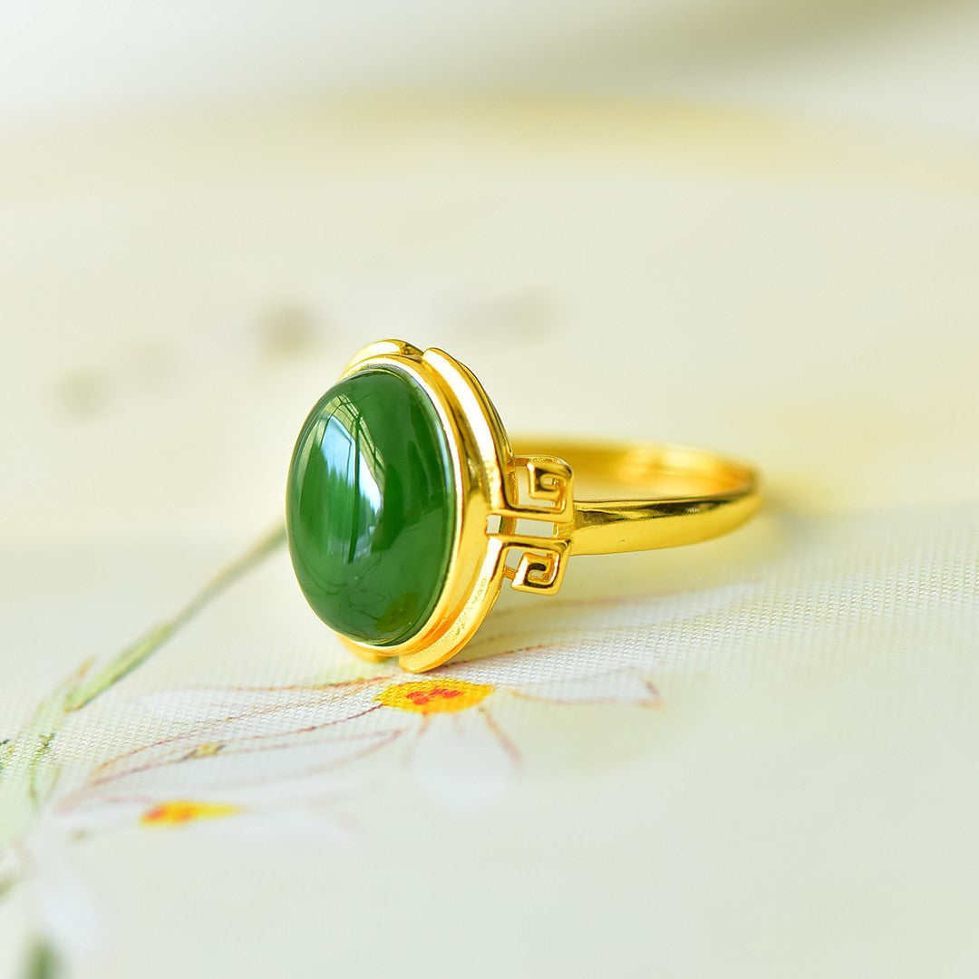 S925 Sterling Silver Nephrite Green Jade Cabochon Ring - Unique Style