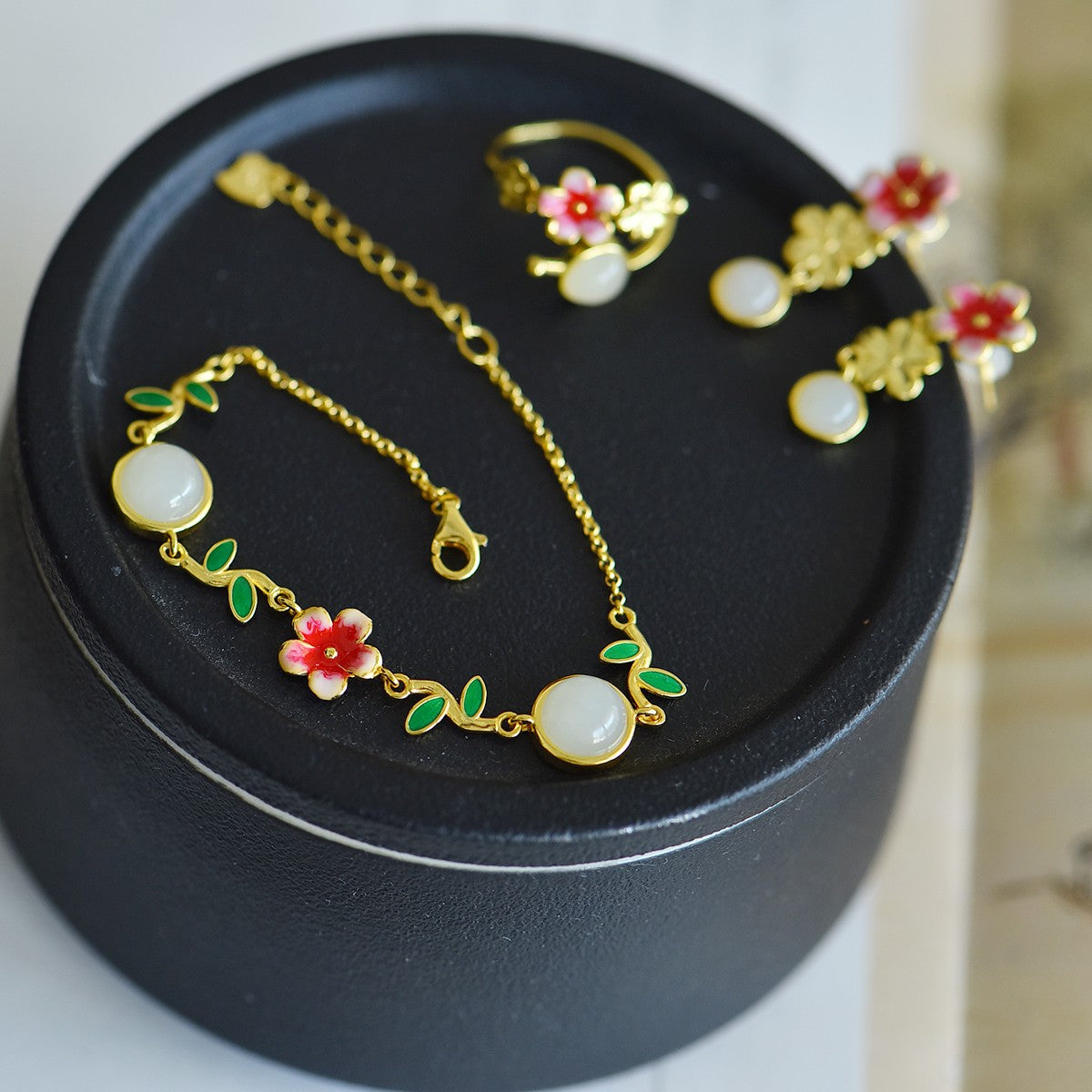 S925 Sterling Silver Nephrite Jade Peach Blossom Simple Jewelry Set