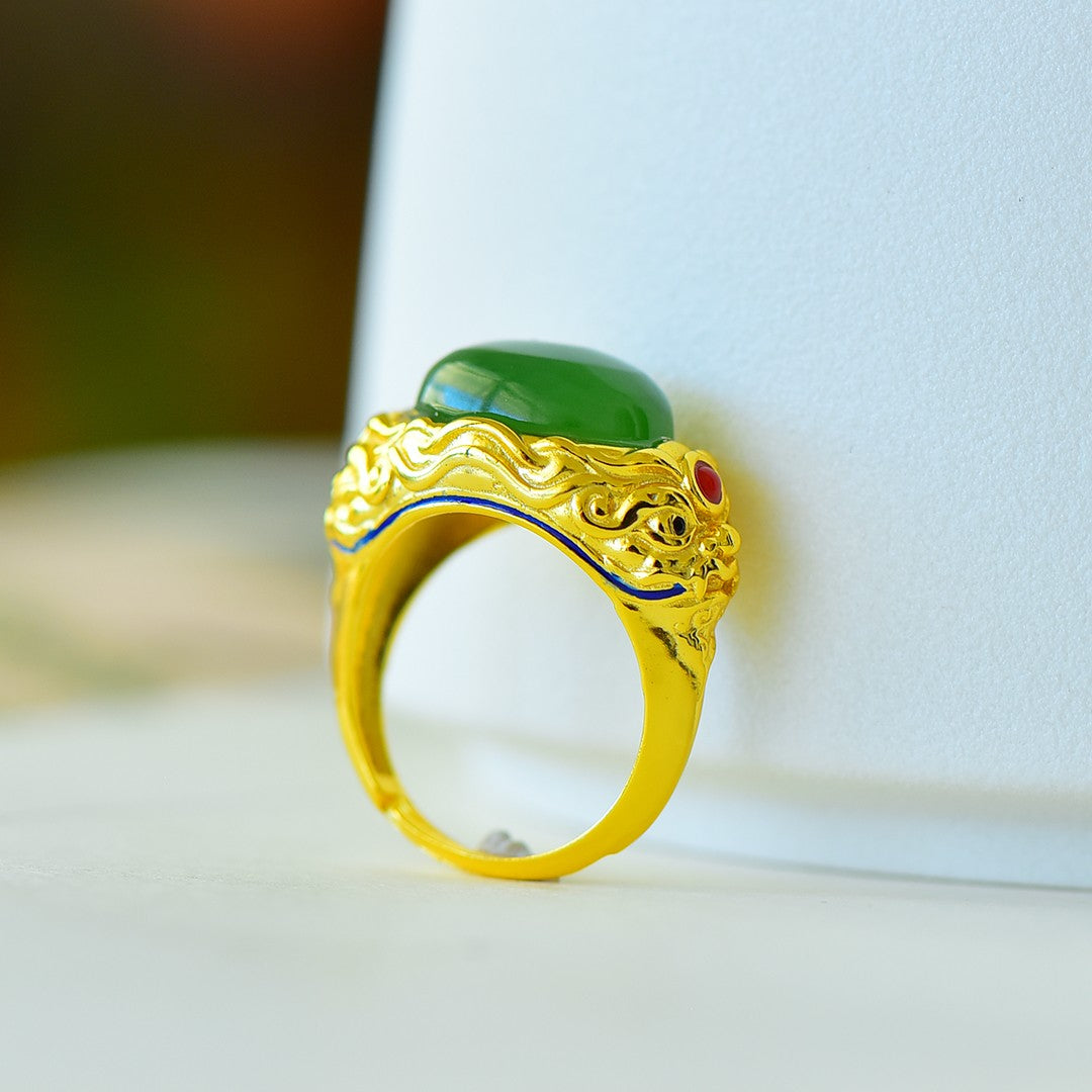 S925 Silver Enamel Nephrite Green Jade Peace & Longevity Ring