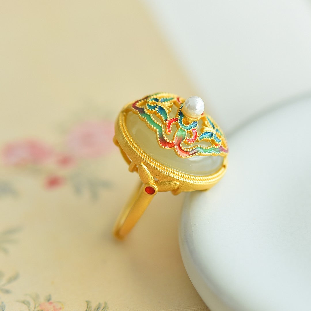 S925 Silver Enamel Nephrite Jade Butterfly & Pearl Ring