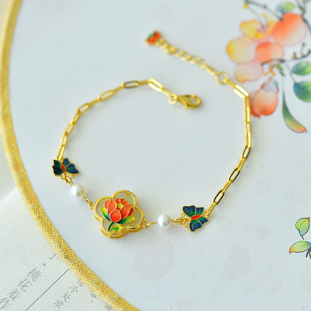 S925 Sterling Silver Enamel Nephrite Jade Bangle - Butterfly & Clover Style