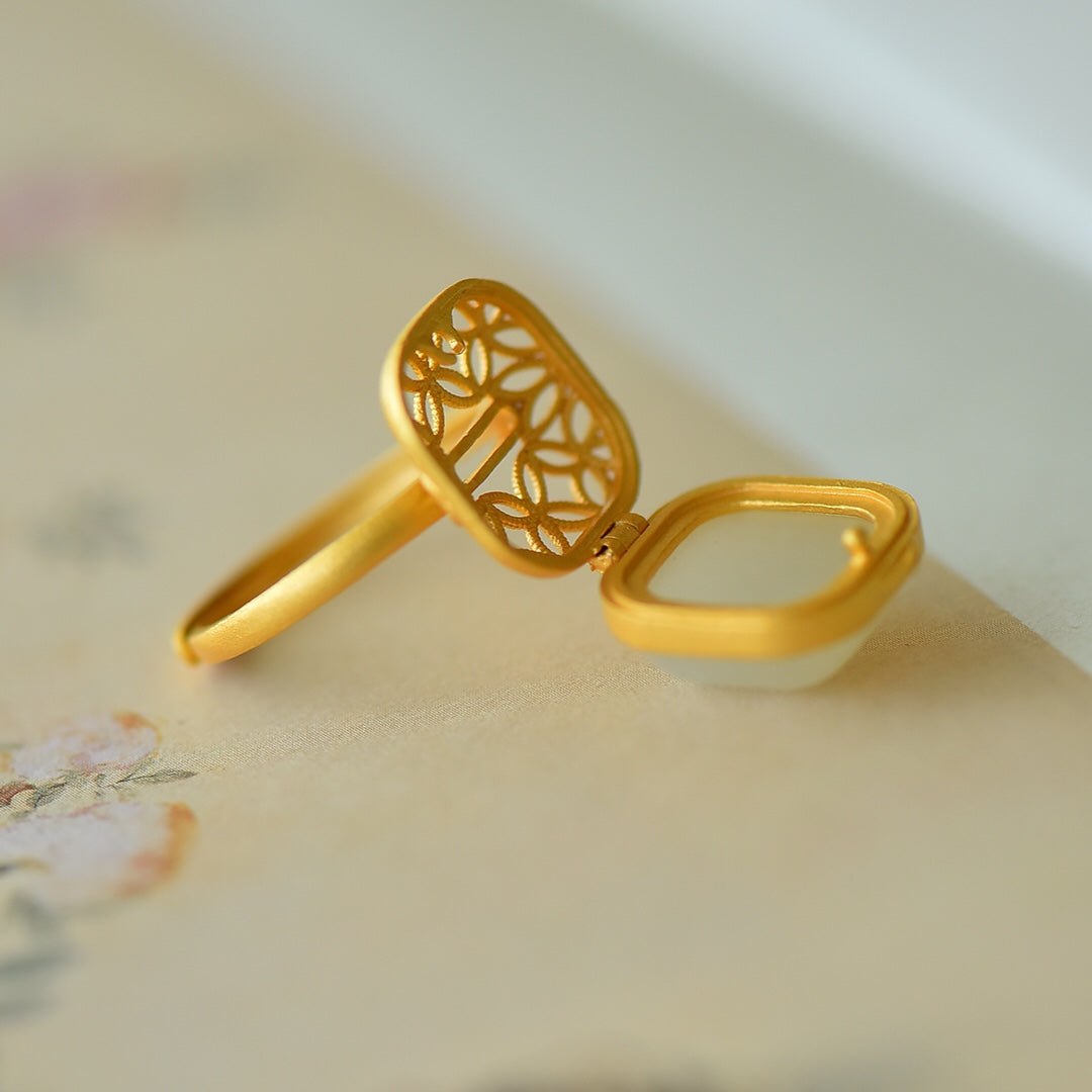 S925 Silver Nephrite Jade Sachet Box Ring - Unique Design