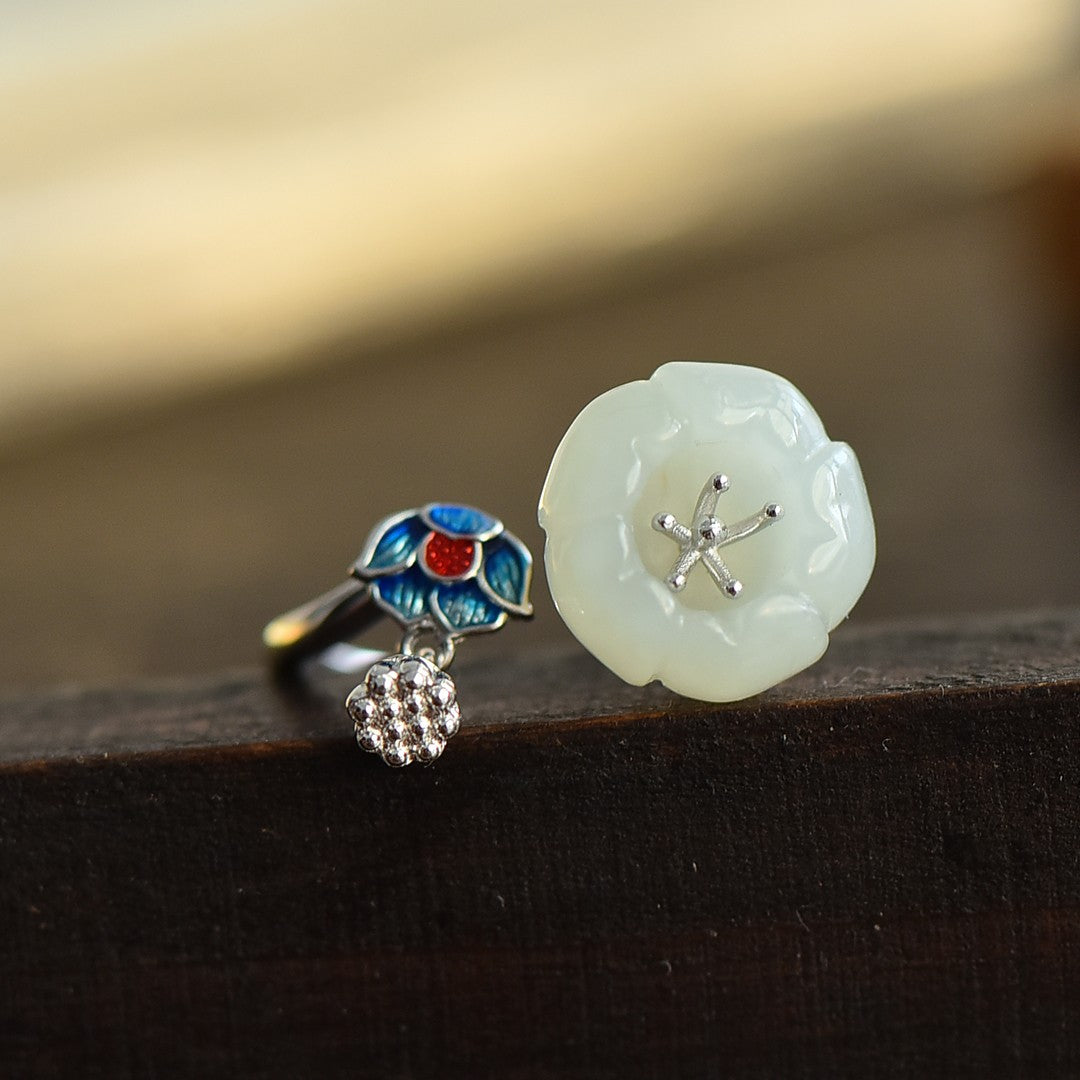 S925 Silver Nephrite Jade Lotus Ring - Elegant Artisan Style