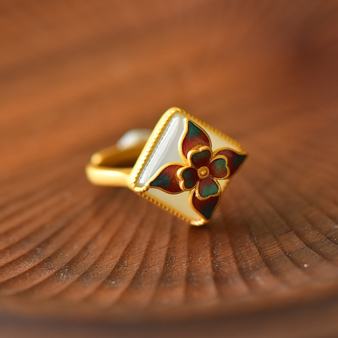 S925 Sterling Silver Nephrite Jade Romantic Four-Leaf Clover Ring
