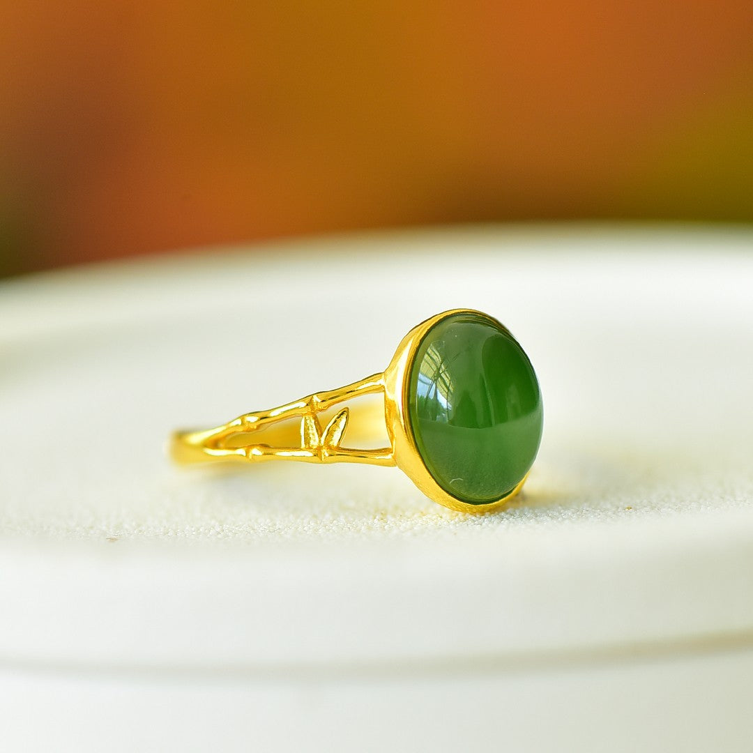 S925 Sterling Silver Nephrite Green Jade Rising Success Bamboo Ring