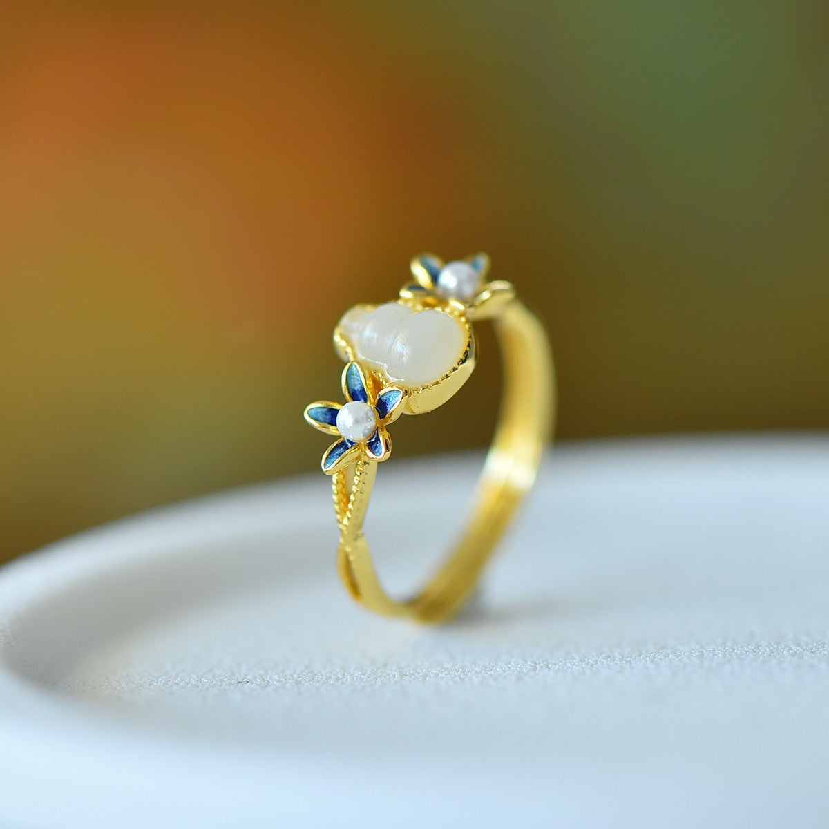 S925 Silver Nephrite Jade Gourd & Orchid Ring - Unique Style