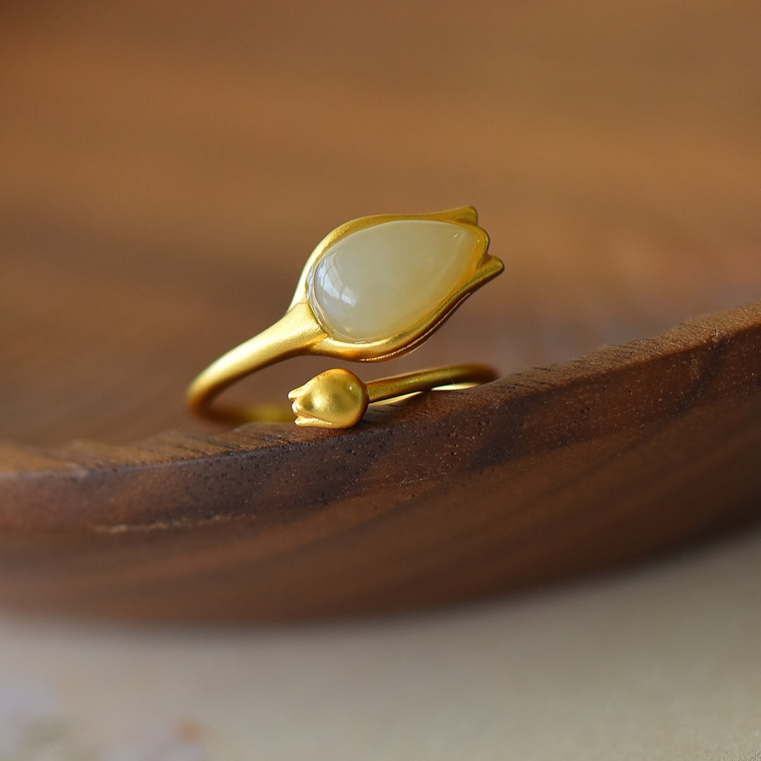 S925 Silver Nephrite Jade Rose Flower Ring - Unique Design