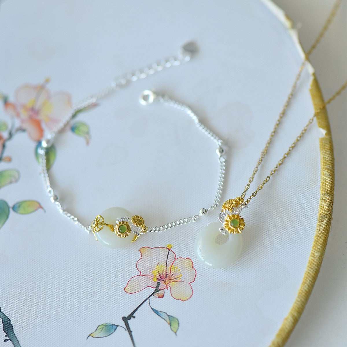 S925 Sterling Silver Nephrite Jade Flower Goddess July Hollyhock Jewelry Set