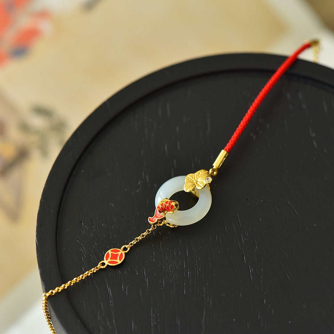 S925 Silver Enamel Nephrite Jade Bangle - Year of Fish Artisan Style