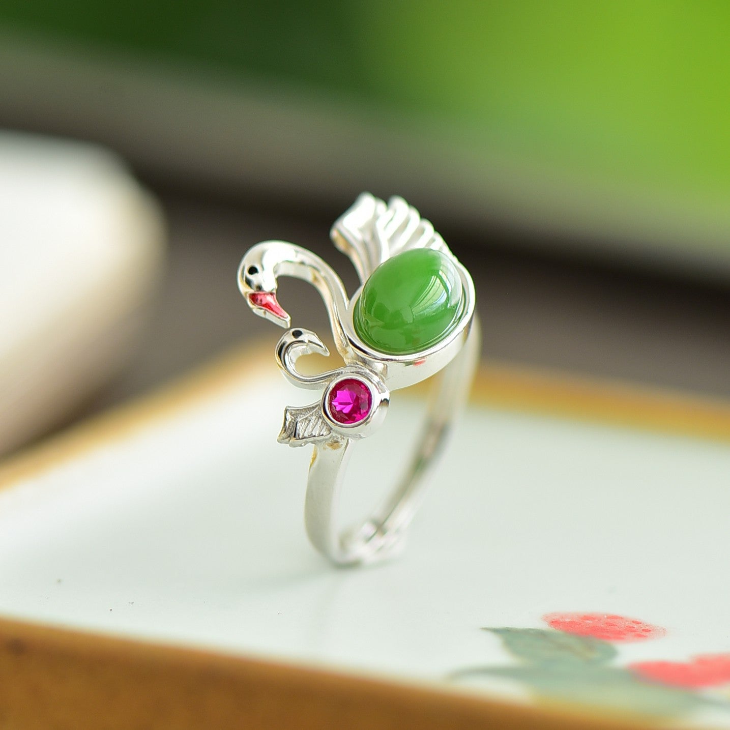 S925 Silver Nephrite Green Jade Swan Ring - Delicate Design