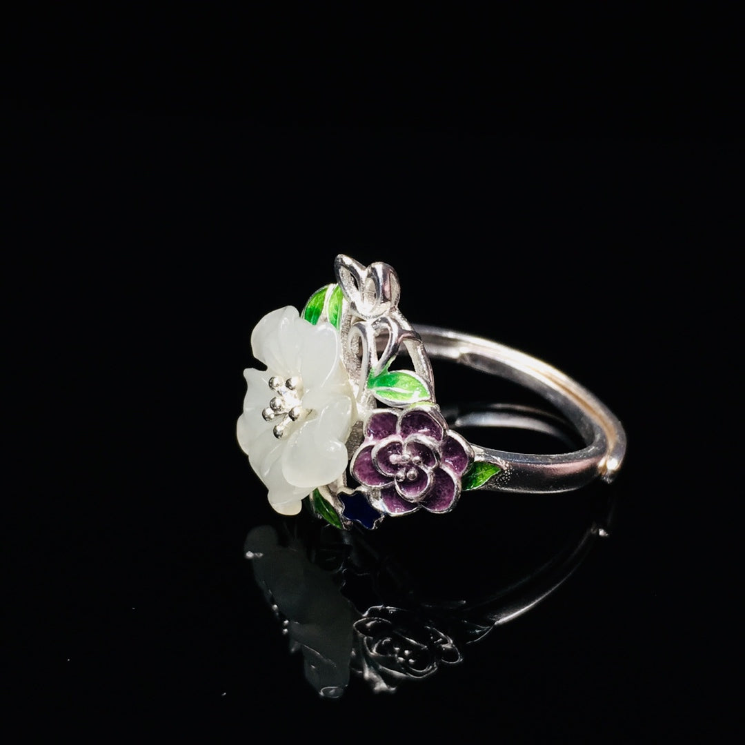 S925 Silver Enamel Nephrite Jade Five-Petal Flower Ring - New Trend