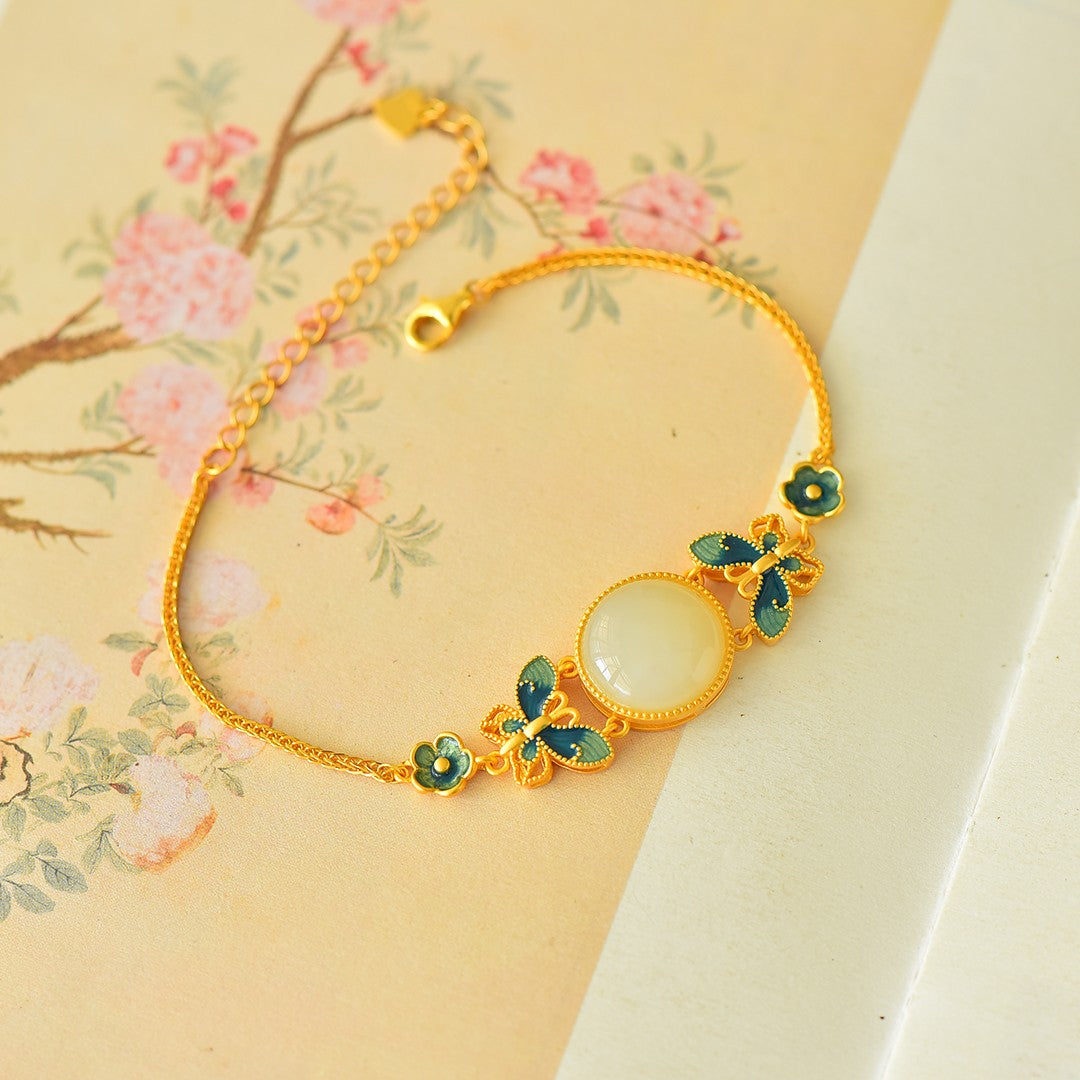 S925 Silver Nephrite Jade Bangle - Butterfly Love Enamel Artisan Style