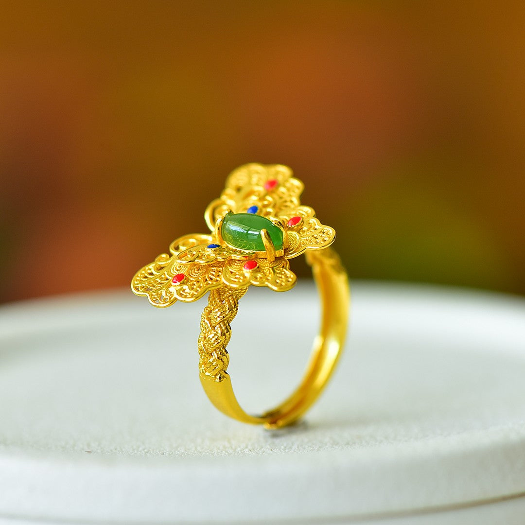 S925 Silver Enamel Nephrite Green Jade Dream Butterfly Ring