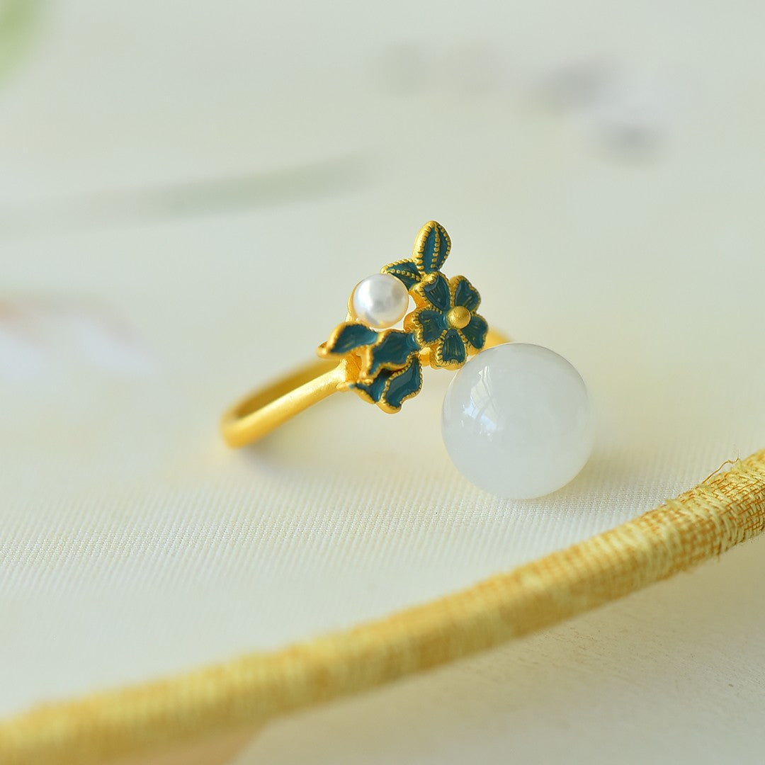 S925 Sterling Silver Nephrite Jade Summer Flower Jewelry Set