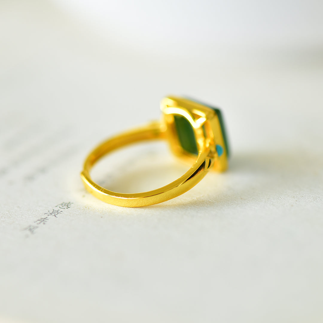 S925 Sterling Silver Nephrite Green Jade Elegant Square Ring