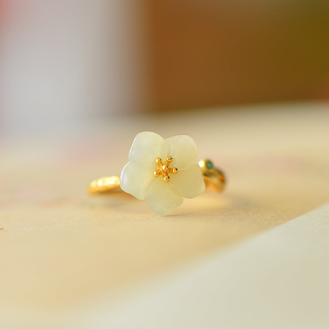 S925 Sterling Silver Nephrite Jade Five-Petal Flower Ring with Zirconia